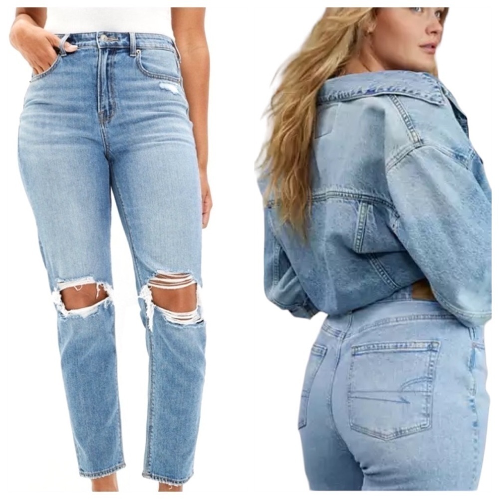 AMERICAN EAGLE MOM Jeans Size 4 Distressed Knees Summer Denim Light Wash